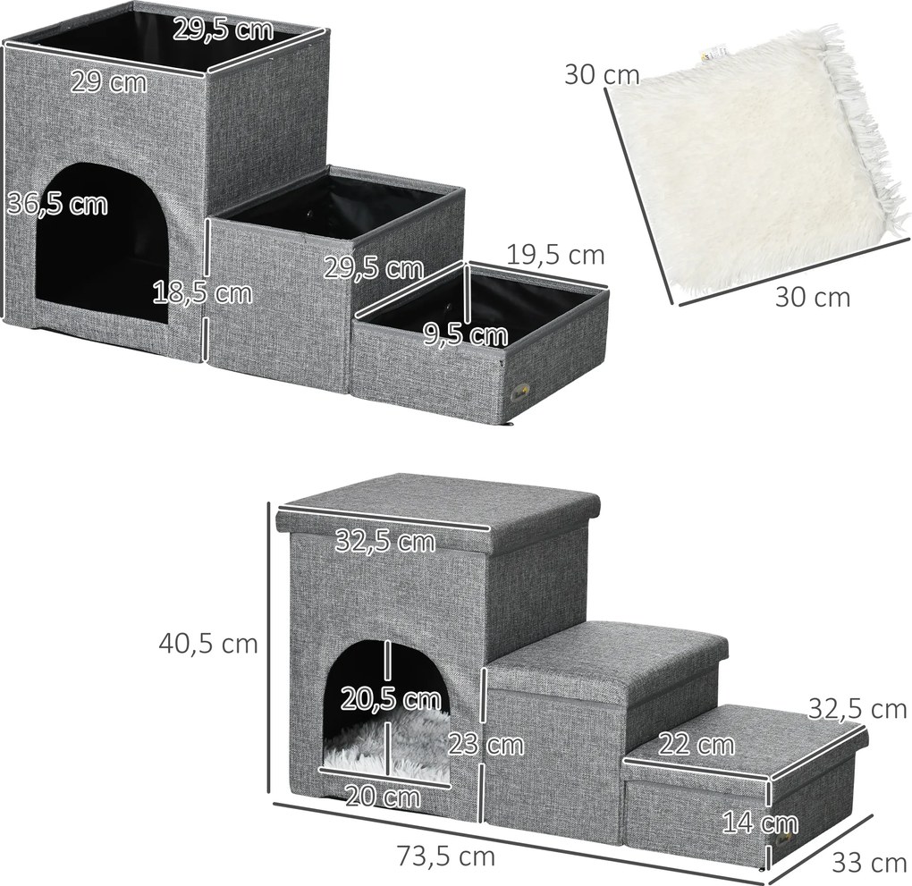 PawHut Schody dla psów 3-stopniowe dla kotów z jaskinią 3 w 1 jasnoszare | Aosom PL