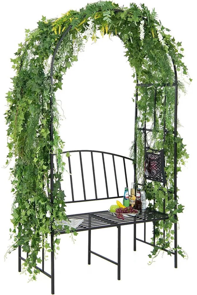 Ławka ogrodowa z różanym pergolą, koloru czarnego