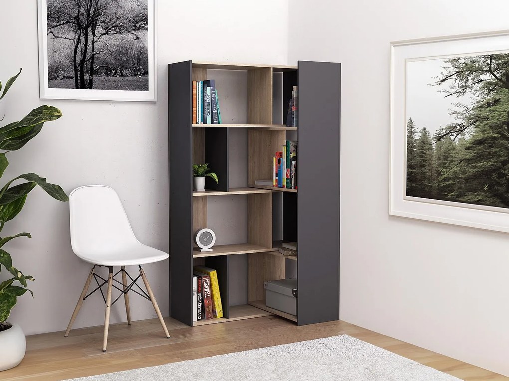 Biblioteczka narożna modułowa - 8 do 12 wnęk - Naturalny i Antracytowy - DARLENA