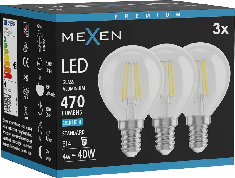 Mexen Vintis 3x żarówka filament LED E14, G45, 4W, Zimna - 6500K, 470 lm, clear - L156-E14-0465-00x03