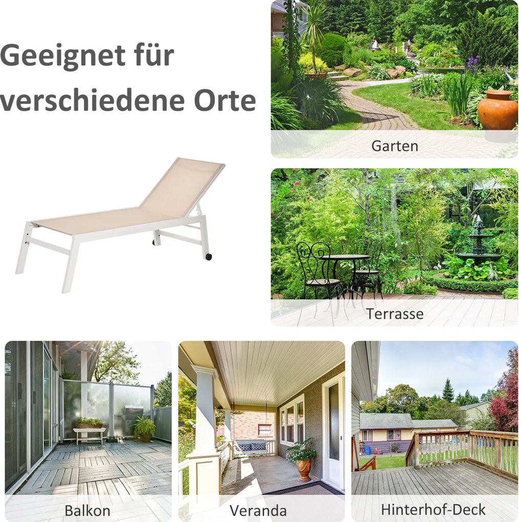 Outsunny Leżak Ogrodowy z 5-stopniową Regulacją Oparcia Kremowy Aluminium Wygodny 169x65x102cm | Aosom PL