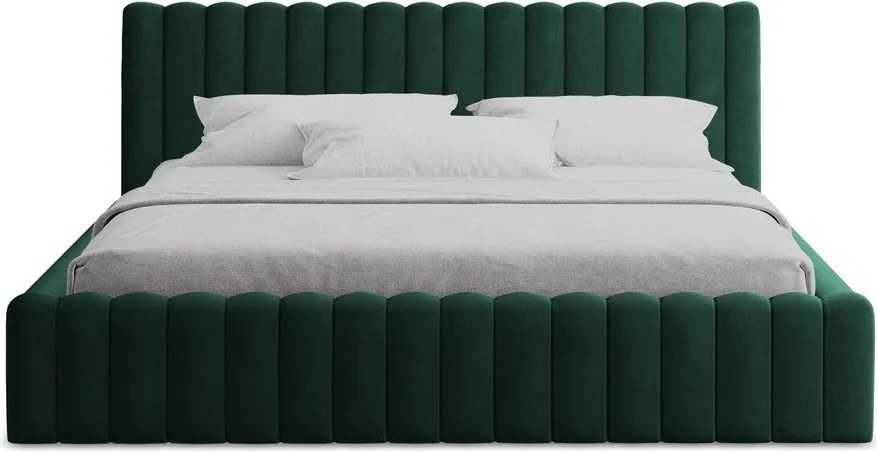 Ciemnozielone tapicerowane łóżko dwuosobowe ze schowkiem i stelażem 160x200 cm Lemi – Makamii