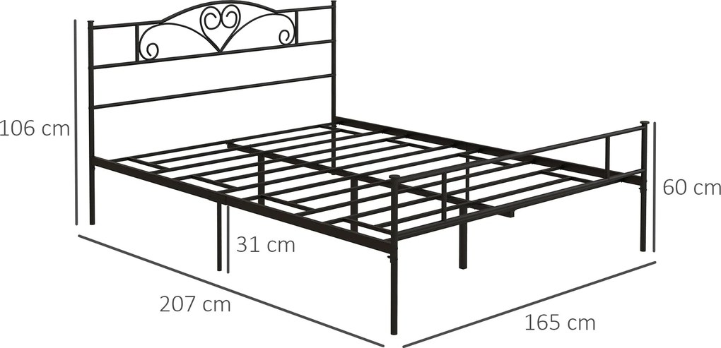 HOMCOM Rama łóżka 165 x 207 cm z stalowym stelażem z listwami, przechowywanie pod łóżkiem, łóżko podwójne, czarny | Aosom PL
