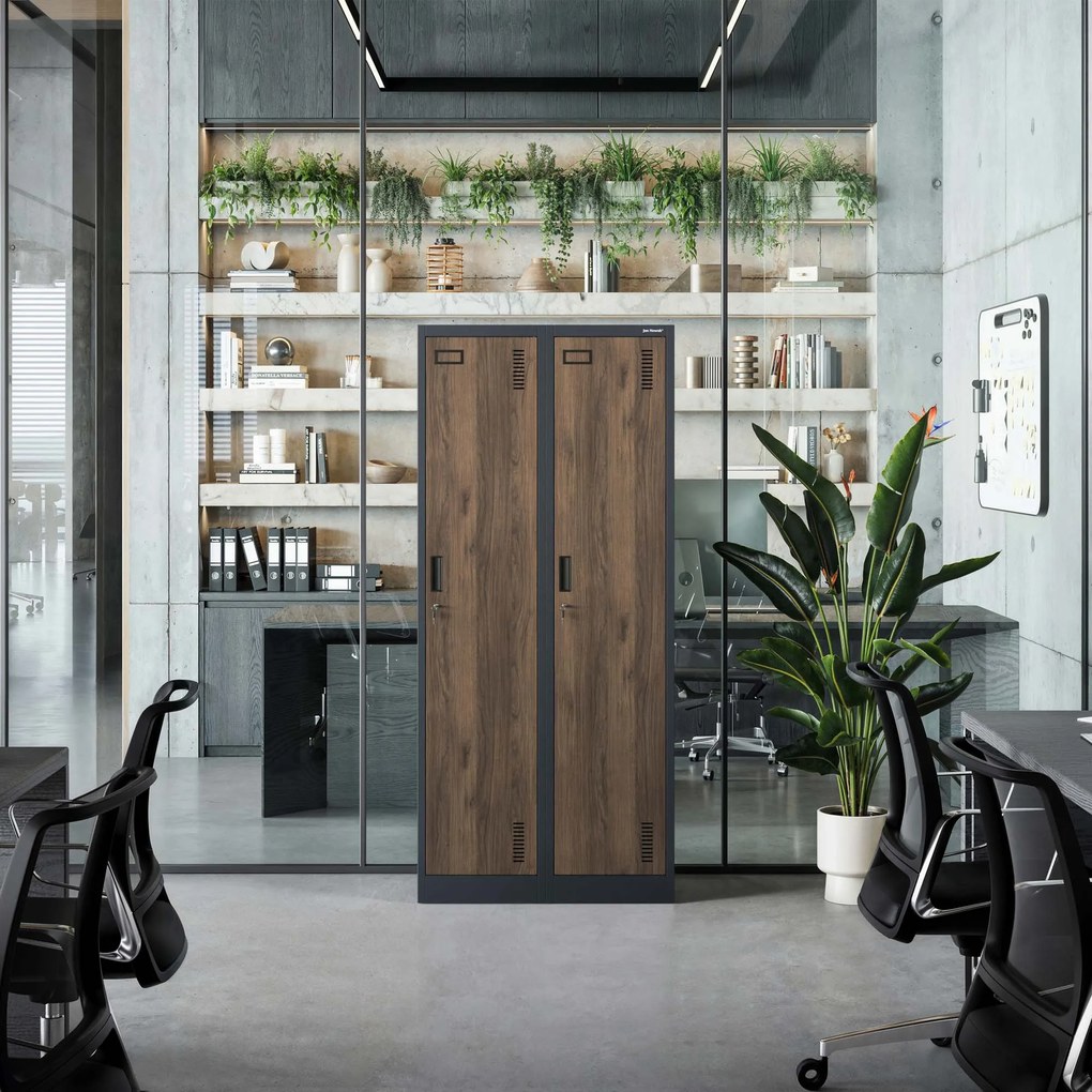 Szafka ubraniowa pracownicza czterokomorowa antracytowa/orzech, 800x1800x500 mm: KACPER Eco Design