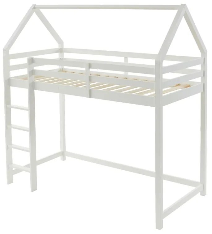 Łóżko domek na antresoli 90 x 190 cm – Lita sosna – Białe – TARZIA