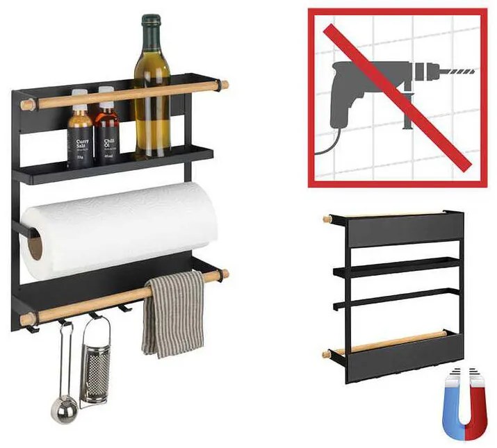 Wielofunkcyjna półka kuchenna MAGNA z uchwytem na ręcznik papierowy i haczykami, montaż bez wiercenia, WENKO