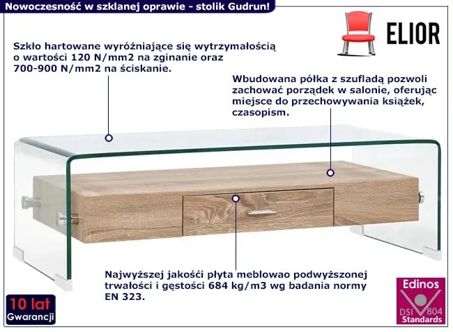 Stolik kawowy ze szkła hartowanego z szufladą - Imia