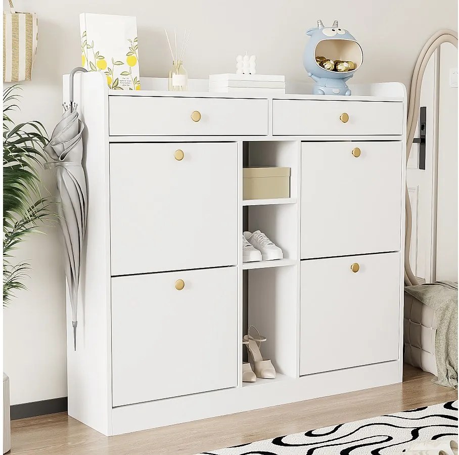 Szafka na buty z 2 szufladami, 3 otwartymi przegrodami i 4 drzwiami uchylnymi - 110 x 26 x 100 cm - Płyta wiórowa - Biała