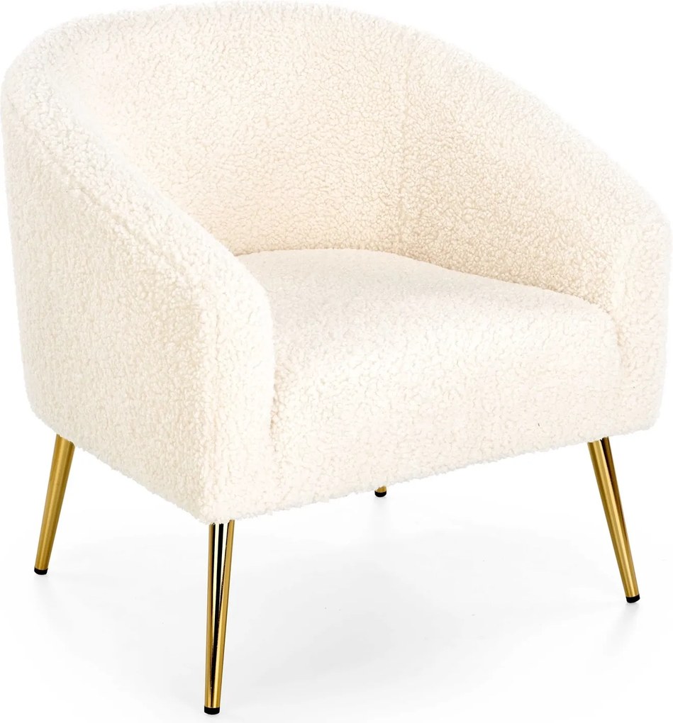 Fotel Grifon tapicerowany tkaniną typu baranek na złotych nóżkach