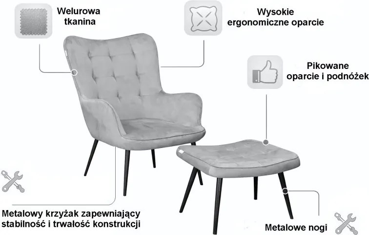 Fotel wypoczynkowy RELAX uszak z podnóżkiem : Kolor nogi - Czarna stożek, Kolor tkaniny - VELVET - MG17, Typ tkaniny - Velvet