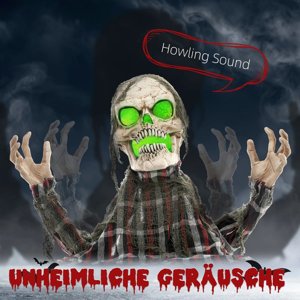 HOMCOM Dekoracja na Halloween Groundbreaker-Szkielet, giętkie ramiona, świecące oczy, upiorny wyc