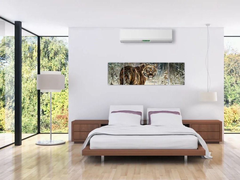Obraz - Tygrys w zaśnieżonym lesie, obraz olejny (170x50 cm)