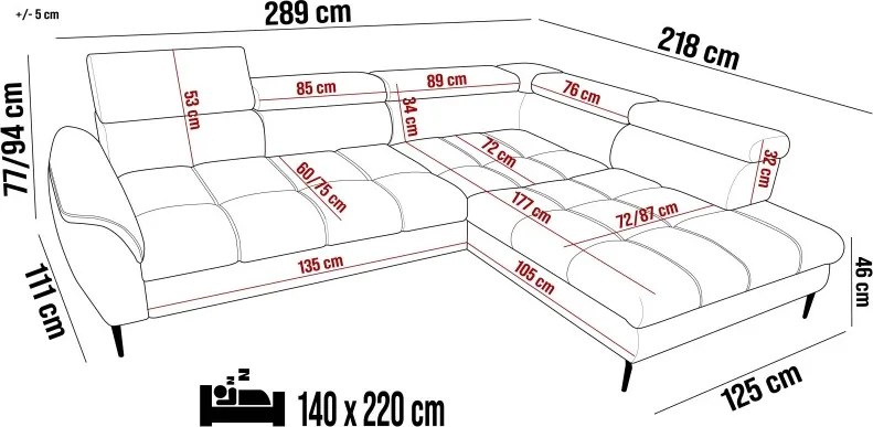 Narożnik TEMPO w układzie L z funkcją spania i pojemnikiem WERSAL