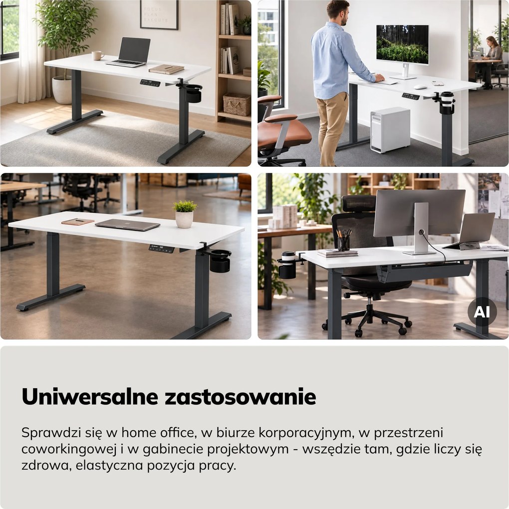 Biurko elektryczne z regulacją wysokości ergonomiczne antracytowo-białe, 1400x700 mm: ARIA