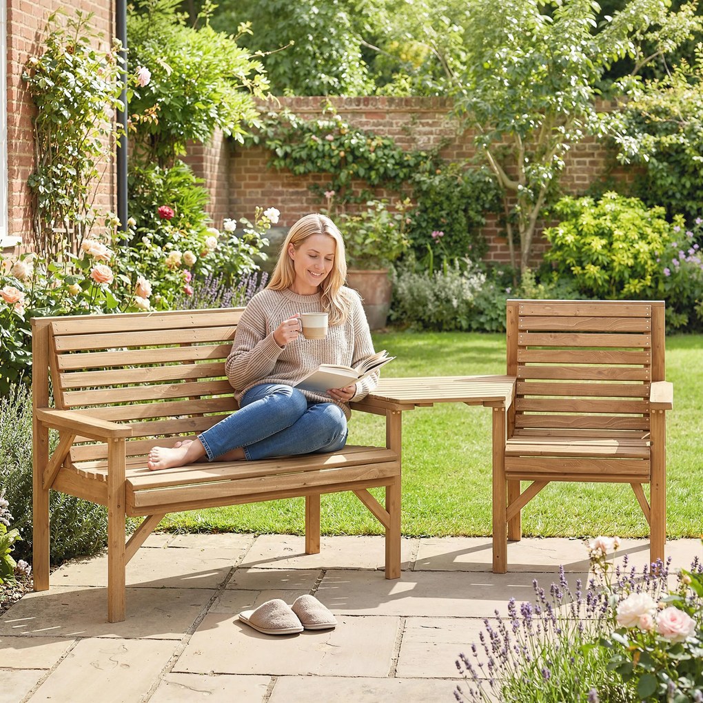 Outsunny Zestaw 3 krzeseł ogrodowych, meble balkonowe z otworem na parasol, krzesło ogrodowe, ławka, odłączany stolik 121x65x90 cm naturalne drewno | Aosom PL