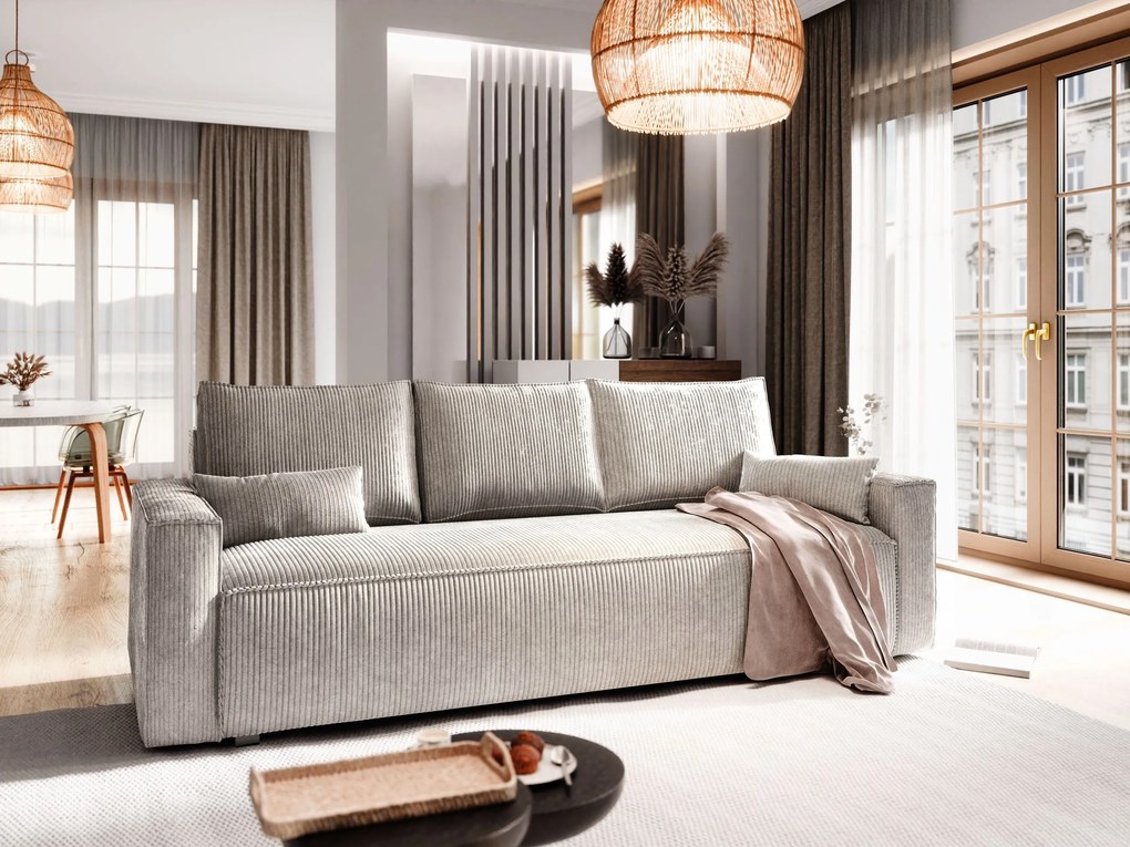 Masseno Sofa MENI z funkcją spania i pojemnikiem na pościel, Rozkładana sofa - Kremowy, POSO 100