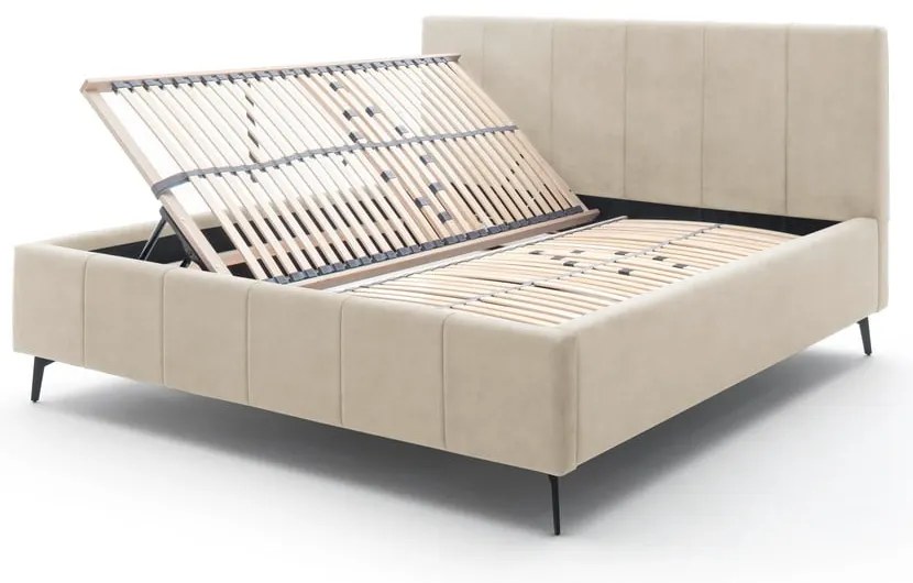 Beżowe tapicerowane łóżko dwuosobowe ze schowkiem i stelażem 180x200 cm Lizzano – Meise Möbel