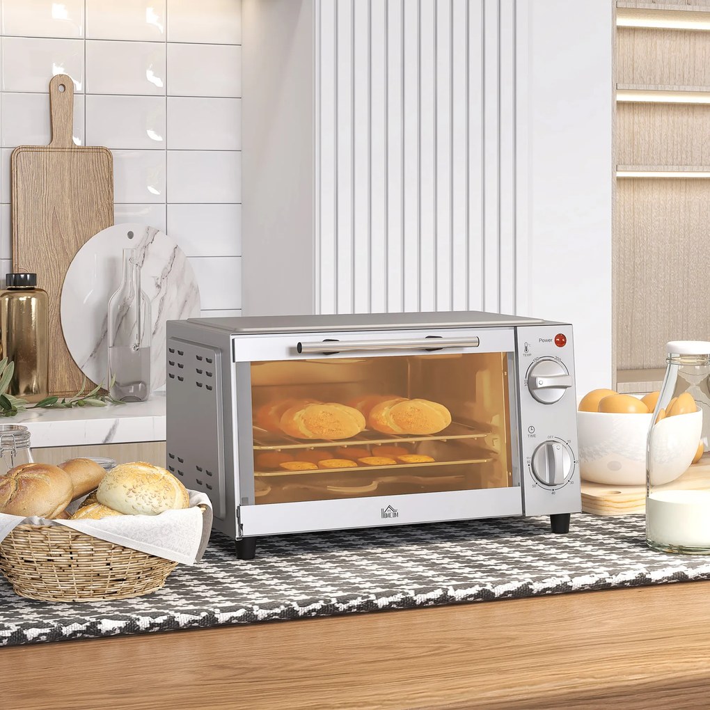 HOMCOM Minipiekarnik 9L, Mini piekarnik z blachą, rusztem, regulowaną temperaturą i czasem pieczenia, stal nierdzewna, srebrny