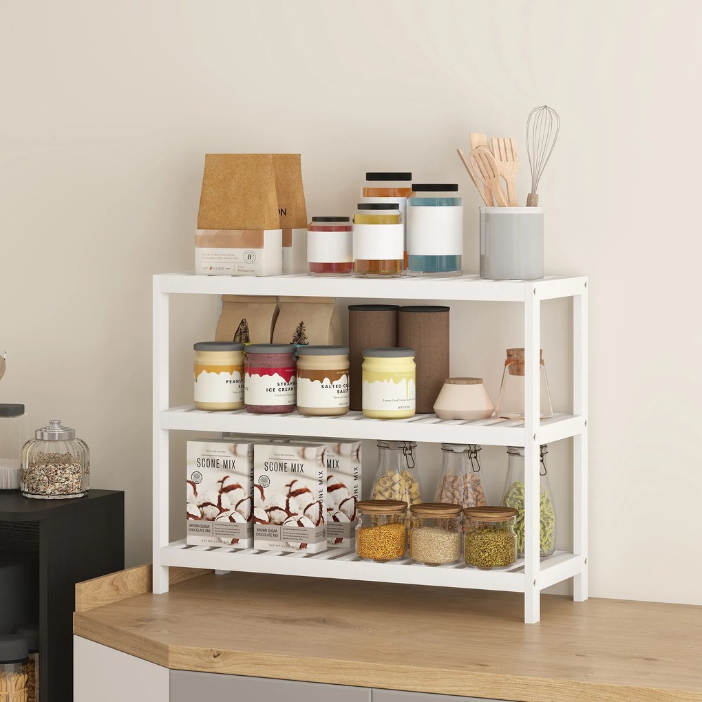 HOMCOM 3-poziomowy regał bambusowy, regał na buty, regał do przechowywania, lakierowane wykończenie, Biały