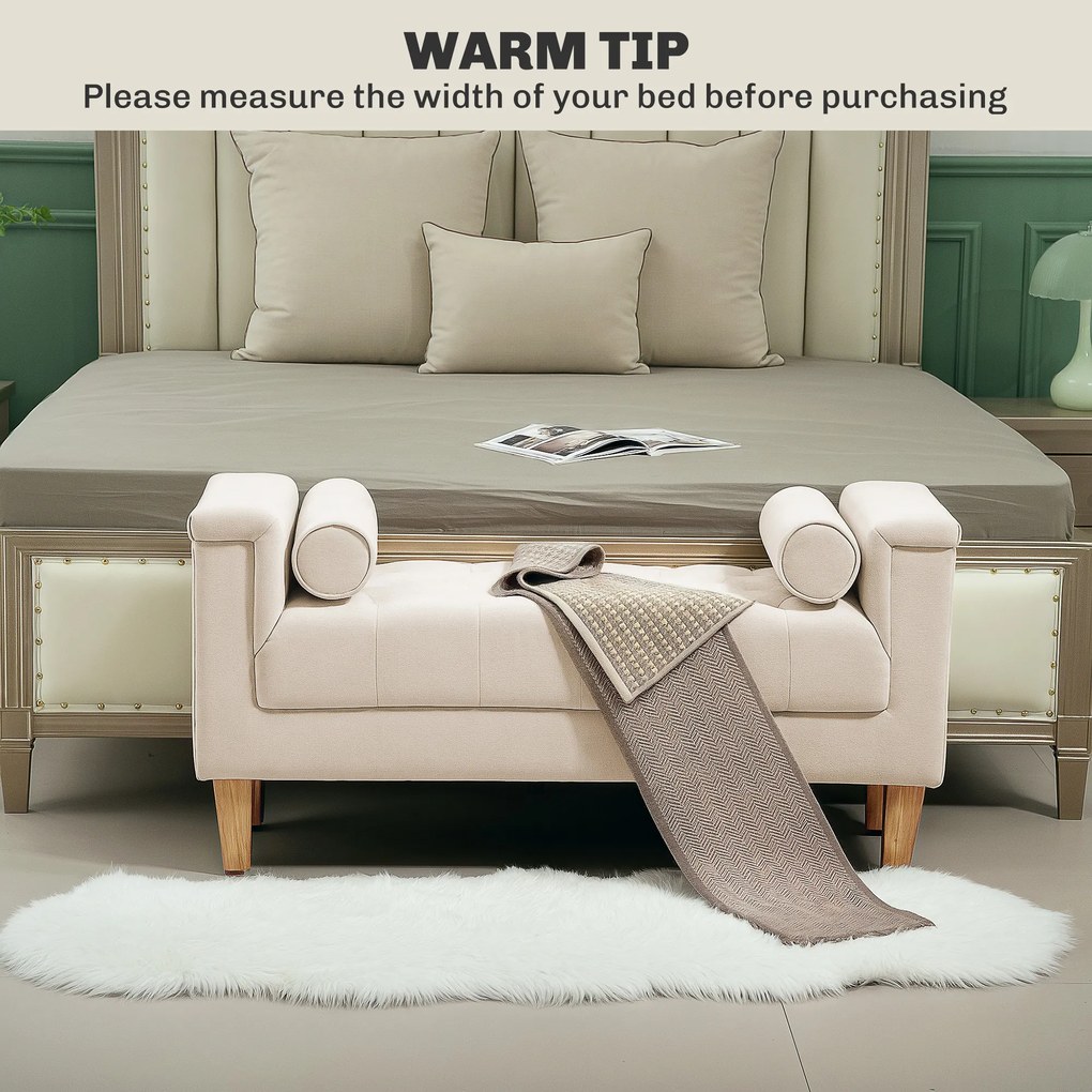 HOMCOM Ławka tapicerowana w stylu vintage z pokryciem z szenuilu, podłokietniki, 2 poduszki, ramka z drewna, ławka do sypialni, salonu, przedpokoju, 115 x 44 x 58 cm, Beżowy