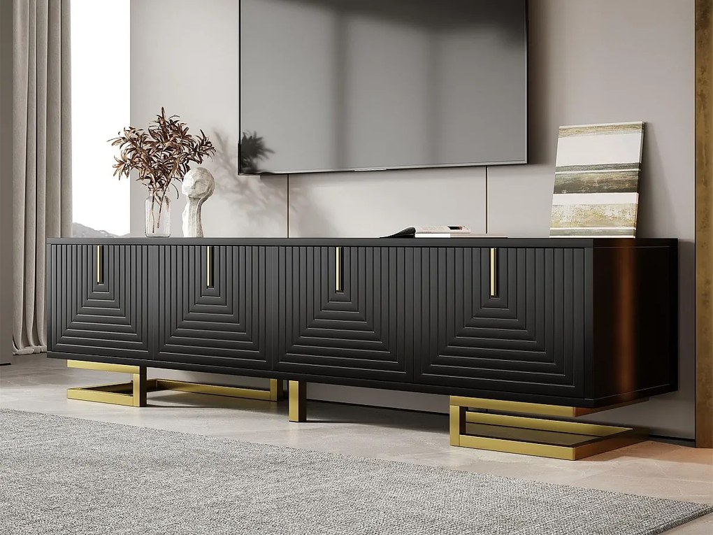 Szafa pod TV 160×38×44,5 cm - 4 drzwi - Złote uchwyty i nogi - Płyta wiórowa - czarny