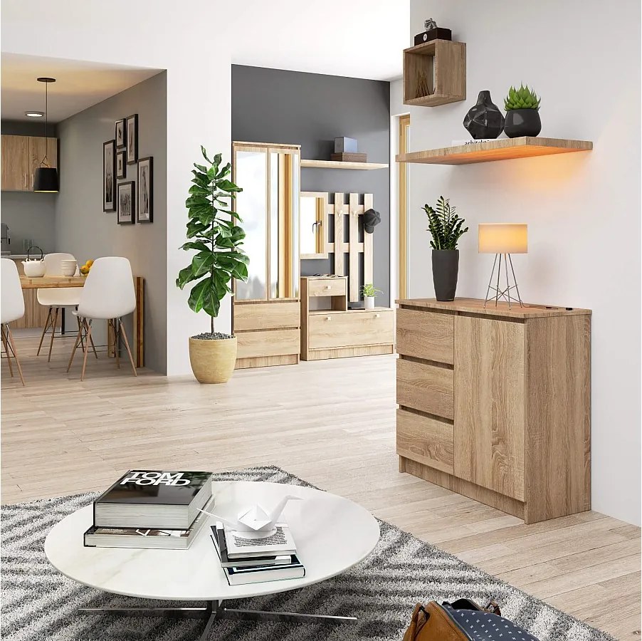 Komoda AKORD JERRY Dąb Sonoma 80 cm 1 drzwi 3 szuflady kolor Dąb Sonoma mat 2 półki 80x35x77 cm