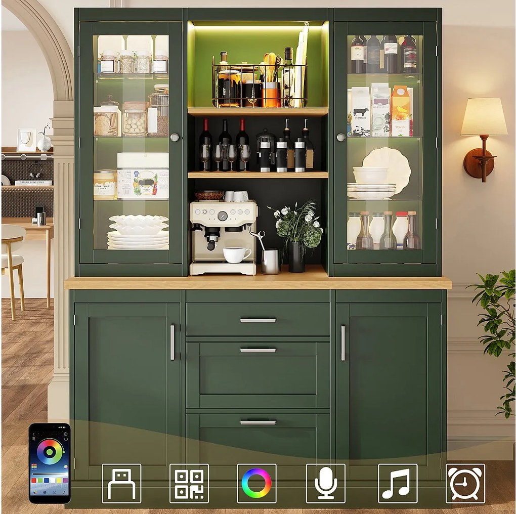 Wysoka komoda kuchenna - 140 x 40 x 185 cm - z 3 szufladami + 2 drzwiami do przechowywania + diodami LED + półkami - MDF - zielona