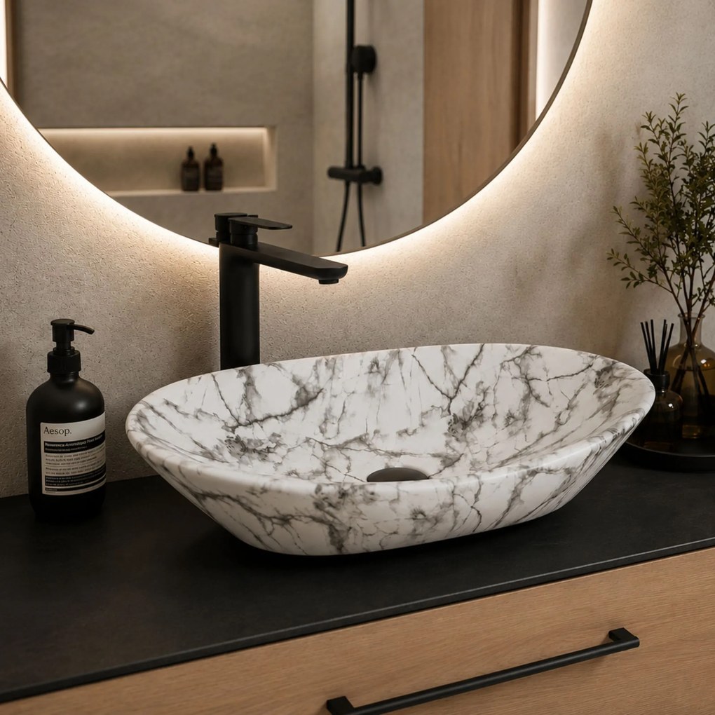 Umywalka ceramiczna nablatowa owalna marmurowa biała bez otworu na baterię 60 x 42 cm MARMO White