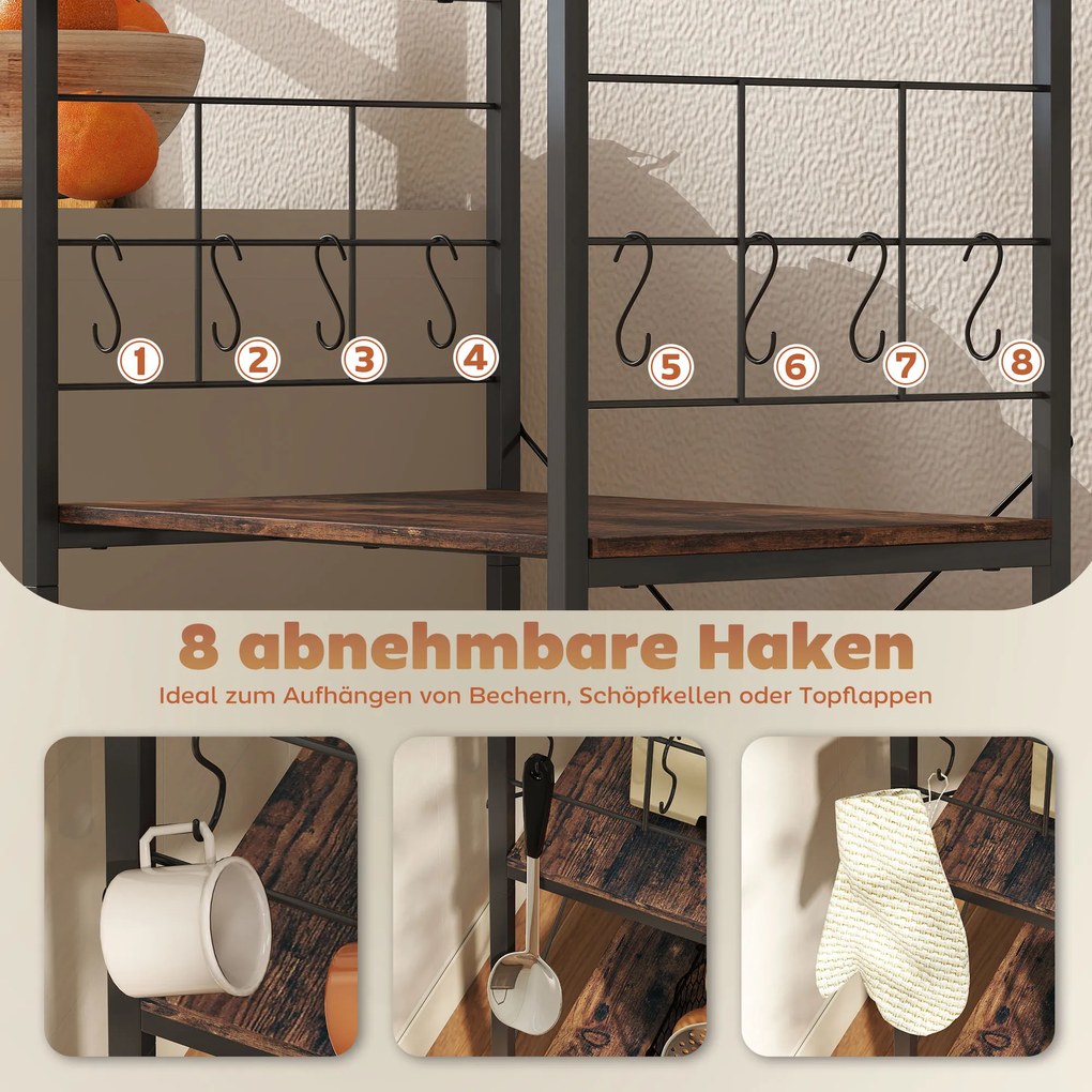 HOMCOM Regał kuchenny, 4-poziomowy design, powierzchnia robocza, 8 haczyków, metalowe rury, brązowy+czarny