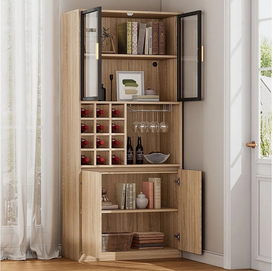 Szafka barowa - 80 x 40 x 180 cm - z 2 szklanymi drzwiami + diodami LED + 2 drewniane drzwi - MDF - naturalny