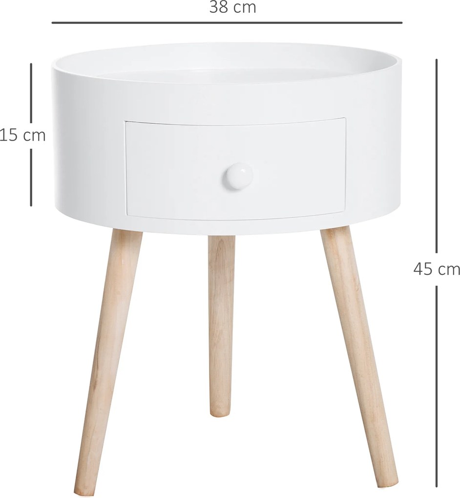 HOMCOM Stolik kawowy z szufladą, okrągły stolik pomocniczy, stolik do salonu, sypialni, wytrzymały do 50 kg, kolor biały, 38 x 38 x 45 cm