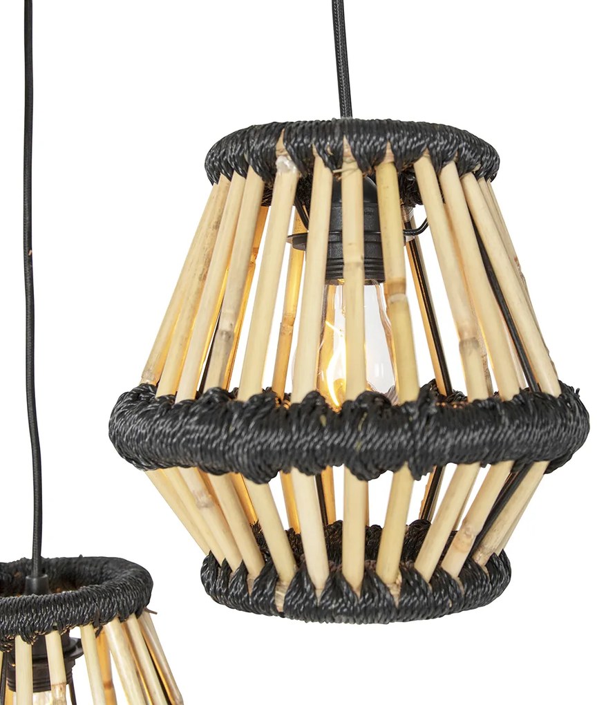 Orientalna lampa wisząca z bambusa z czarnym okrągłym 3-światłem - EvalinKolonialny Oswietlenie wewnetrzne
