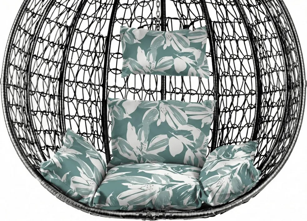 Czarne wiszące krzesło KOKON ze stojakiem, zielono-biała poduszka