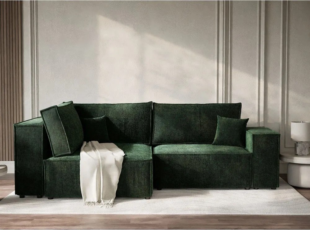 Ciemnozielony rozkładany/ze schowkiem narożnik z tkaniny szenilowej (lewostronny/w kształcie litery L) Tonga – Maison de Rêve