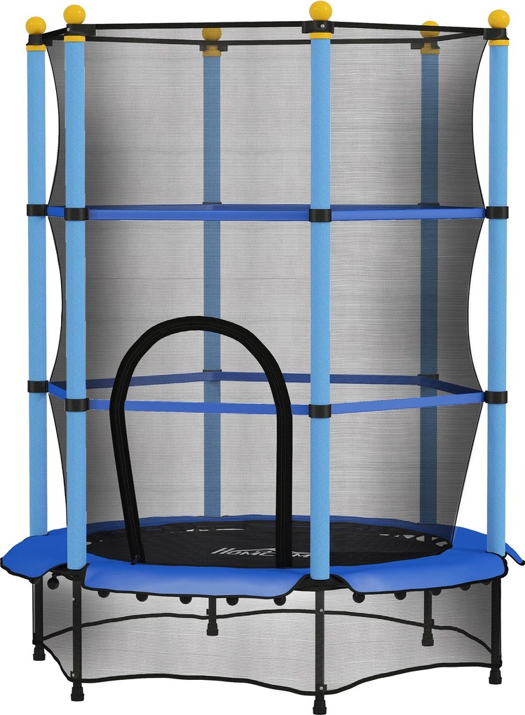 HOMCOM Trampolina dla Dzieci, Ø140 cm, z Siatką Bezpieczeństwa, do Wnętrz i na Zewnątrz, Stal, Plastik, Obciążenie do 50 kg, Niebieska