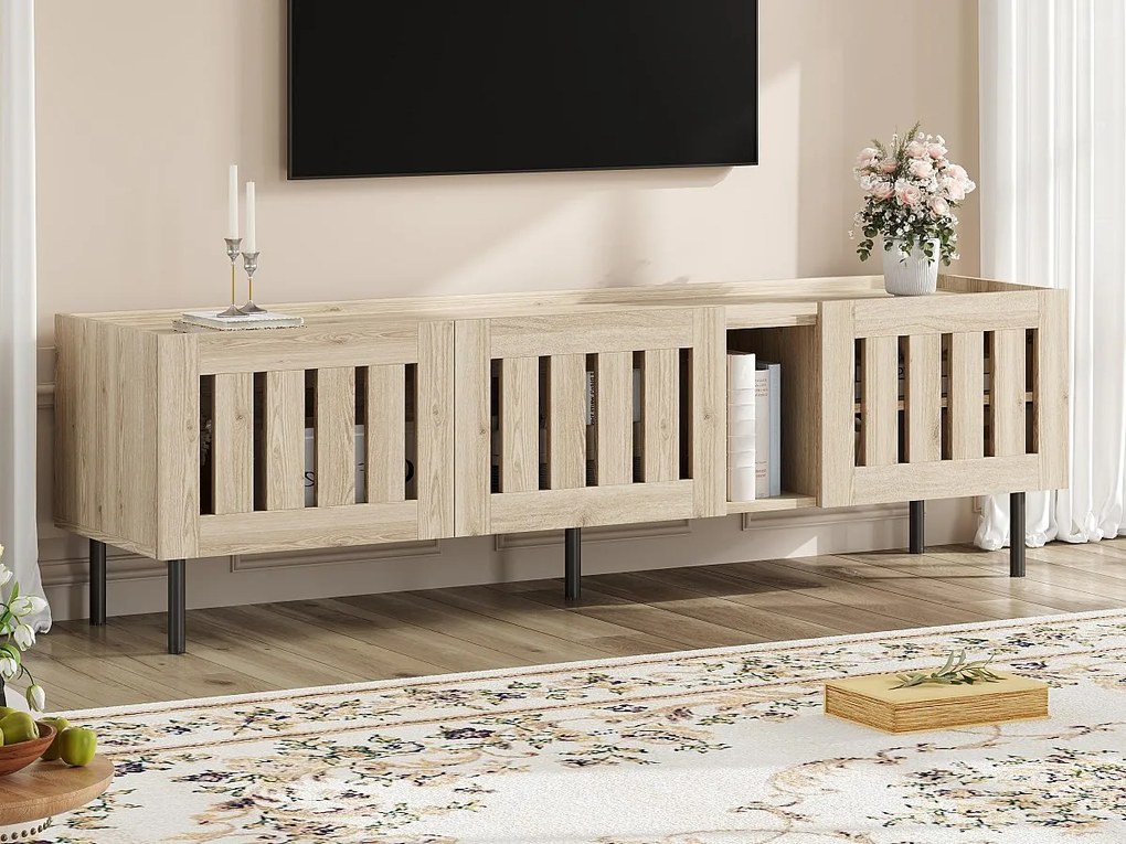 Meble pod TV 160x40x47 cm - z 3 frontami - ażurowy design - MDF + metal - Kolor naturalny