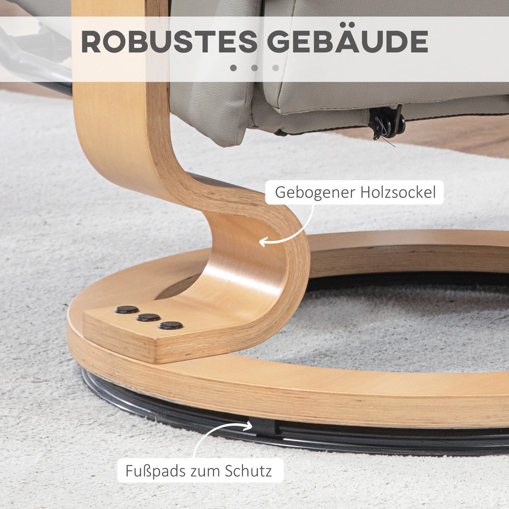 HOMCOM Fotel Relaksacyjny z Podnóżkiem, Obrotowy i Regulowany, Pokrycie ze skóry ekologicznej, do 150 kg, Szara Rama z Drewna