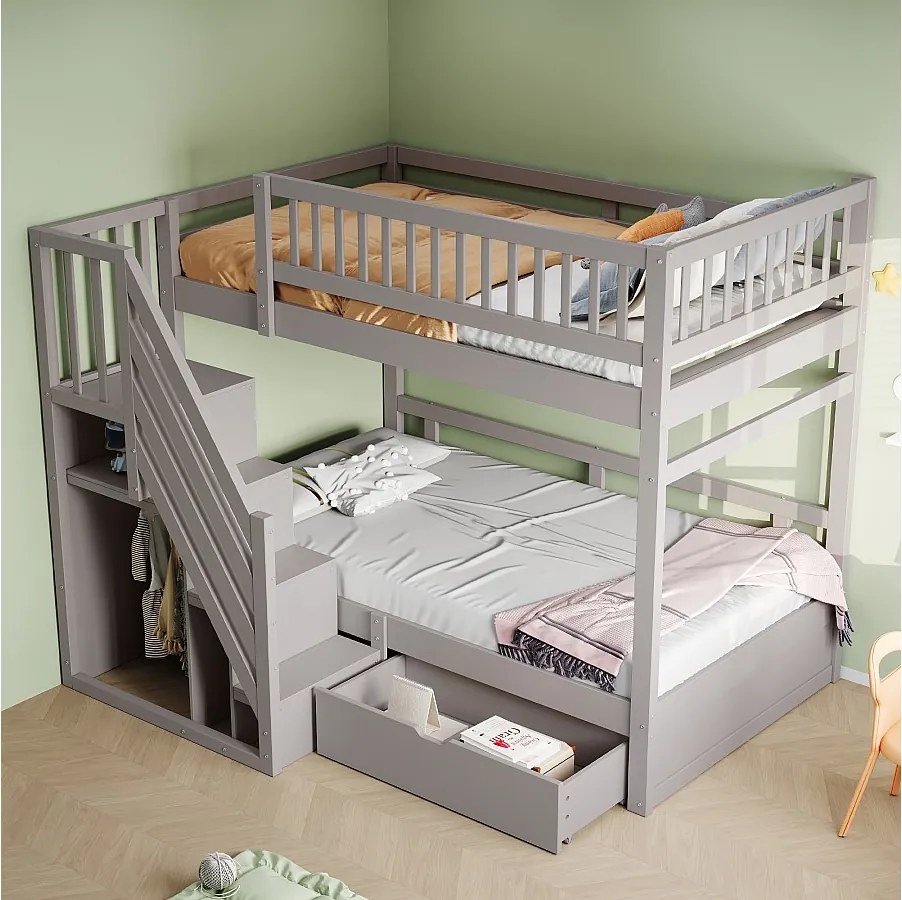 Łóżko piętrowe dla dzieci - 2 x 90 x 200 cm - z 1 szufladą + schowkiem schodowym - drewno + płyta MDF - szare