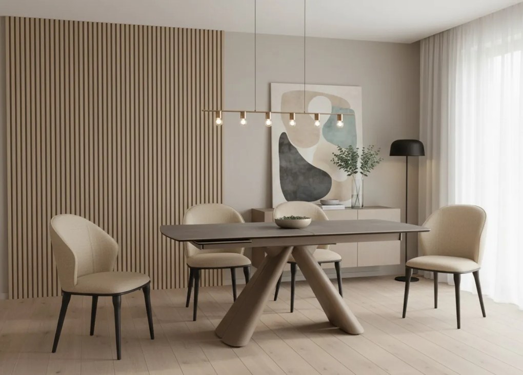 Elegancki stół z szarym ceramicznym blatem na hartowanym szkle. Rozmiary 160 (240) x 90 cm. Metalowa podstawa ze stali szczotkowanej nadaje mu nowoczesny charakter i wyjątkową trwałość.