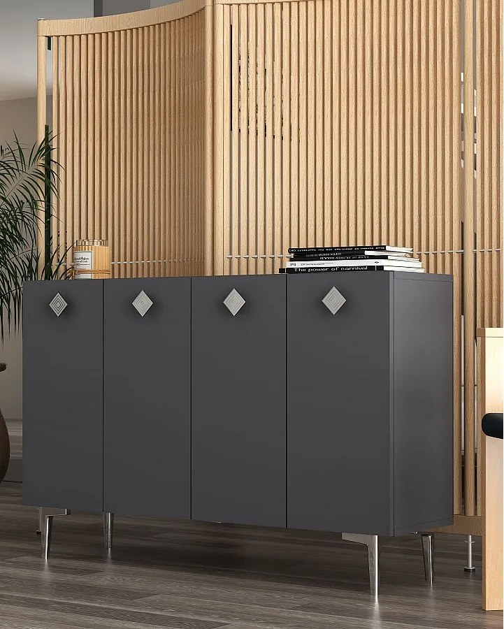 Komoda z płyty MDF pokrytej melaminą – 120 cm x 80 cm x 29,6 cm – antracyt i srebro