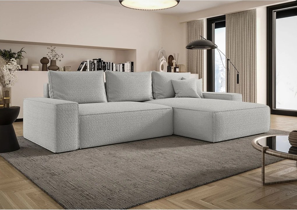 NAROŻNIK MONA z funkcją spania QUELLE 83 Jasnoszary Prawy Sofa w kształcie L z pojemnikiem na pościel, sofa rozkładana, sofa do salonu