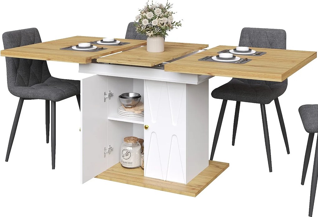 Zestaw obiadowy 5-elementowy - stół rozkładany z miejscem do przechowywania - 110(140) x 70 x 76 cm + 4 krzesła - płyta MDF - szary + naturalny