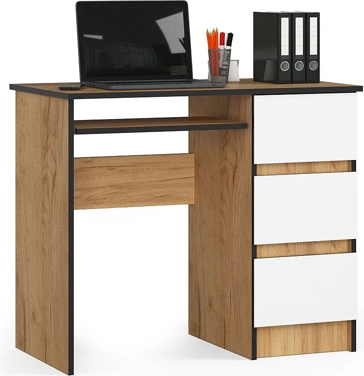 Biurko komputerowe AKORD A6 Dąb Craft 90 cm prawe 3 szuflady kolor Biały mat 1 półka 90x50x77 cm