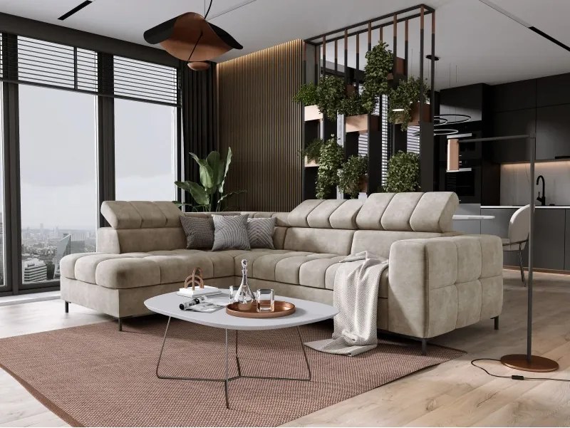 Narożnik PABLOS układ L strona Lewa w tkaninie CLOUD 03 regulowane zagłówki z funkcją spania