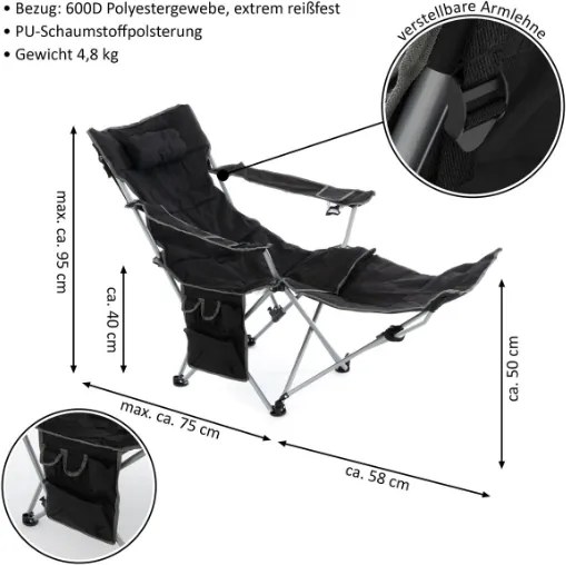 Krzesło kempingowe ze zdejmowanym podnóżkiem, czarne