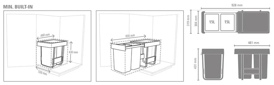 Miętowo-ciemnoszary plastikowy kosz na śmieci do segregacji odpadów do zabudowy 30 l Sort&amp;Go – Brabantia