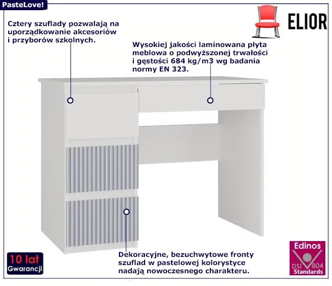 Lewostronne biurko z szufladami dla 6 latka, dla przedszkolaka biały + niebieski T2-K68