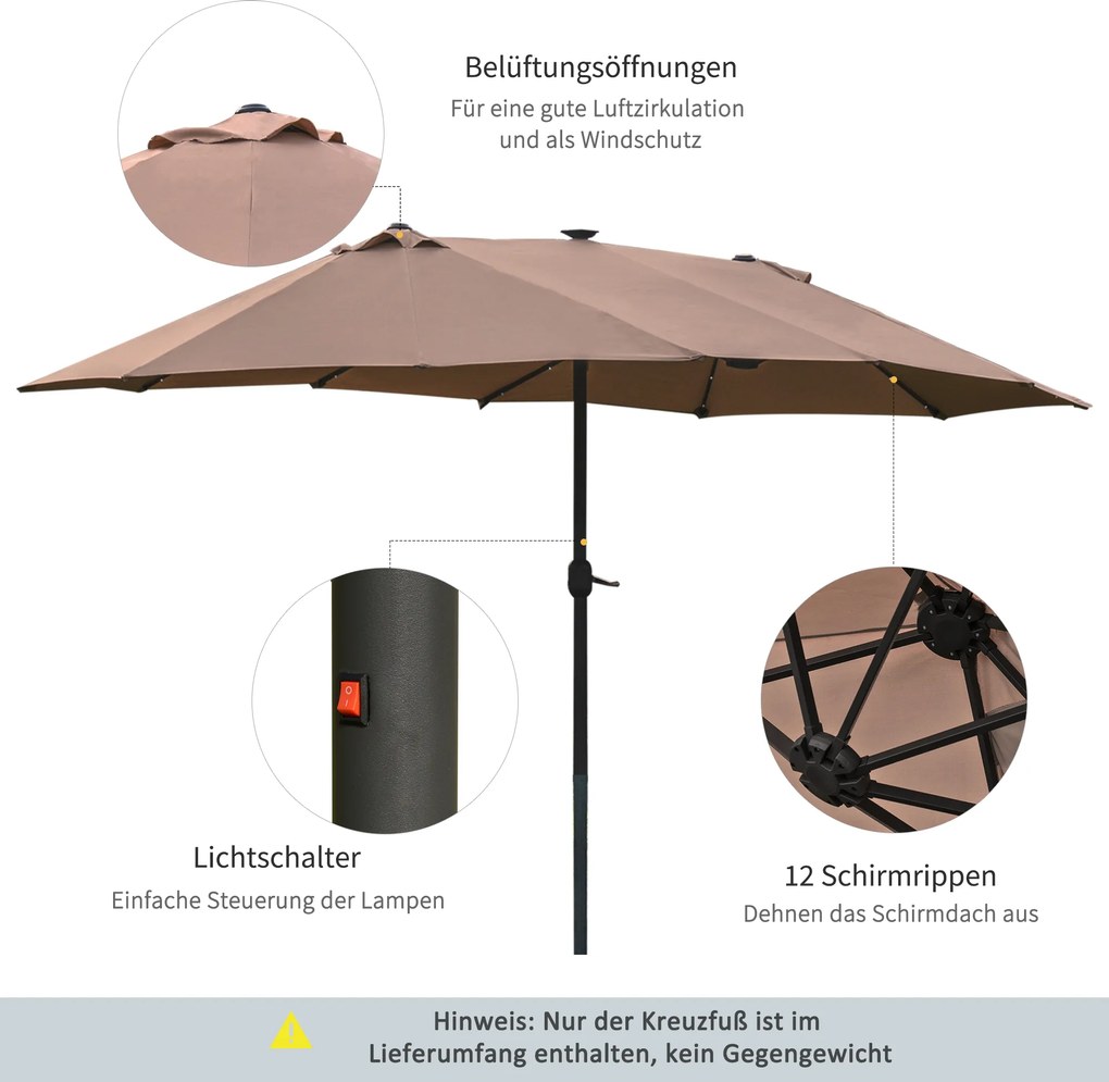 Outsunny duży parasol podwójny parasol oświetlenie LED owalny kolor khaki ze stalową ramą 440 cm x 260 cm parasol ogrodowy parasol na targ na taras z korbką ręczną