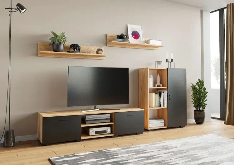 Zestaw mebli pod telewizor rtv do salonu dąb artisan + czarny N3-M97