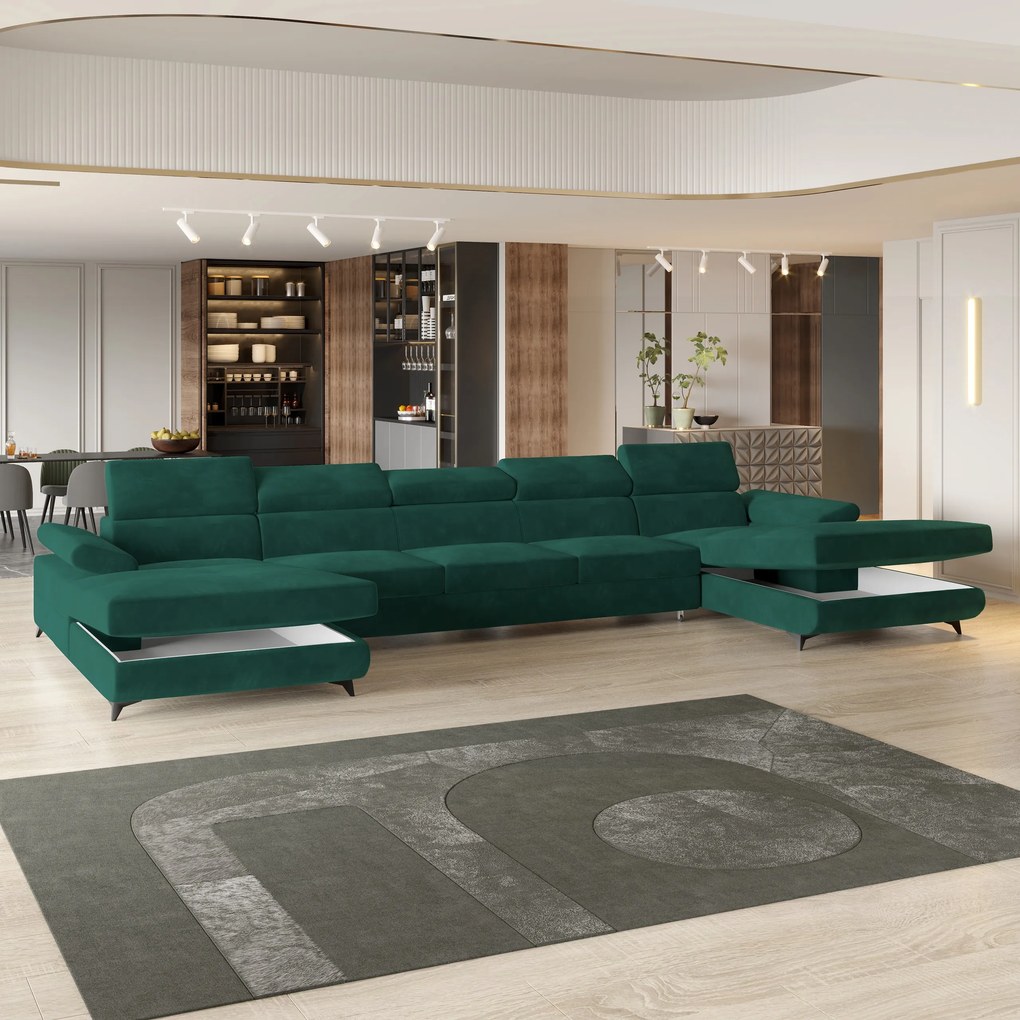 Masseno Narożnik VIVENTE z funkcją spania i pojemnikiem na pościel Narozniki U, Rozkładana sofa - Zielony, MONOLITH 37